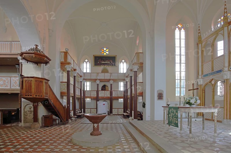 Chancel, baptismal font, pulpit with pulpit bonnet, gallery, interior view of the neo-Gothic St Peter's Church, UNESCO, Dessau-Wörlitz Garden Kingdom, Wörlitz, Saxony-Anhalt, Germany