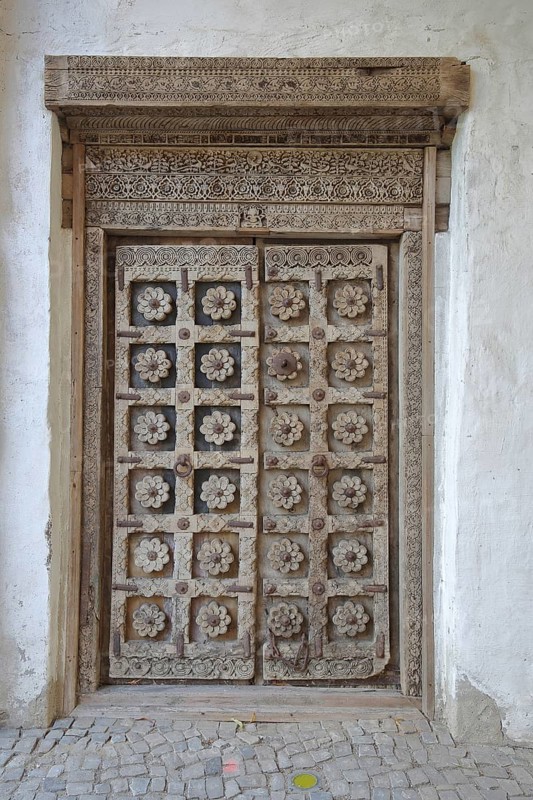 Door with wood carvings and floral decorations, castle, Wanzleben, Romanesque Road, Saxony-Anhalt, Germany