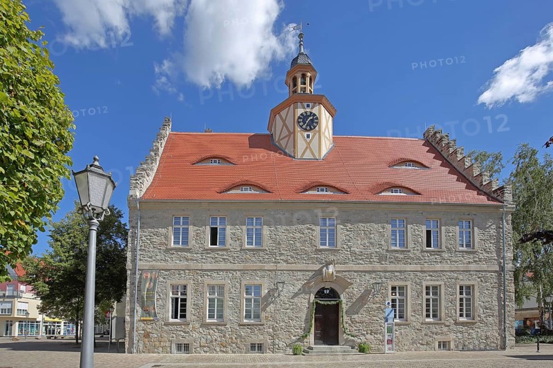 Historic town hall with spire and stepped gable, Salzlandmuseum, Museum, Bad Salzelmen, Schönebeck, Saxony-Anhalt, Germany