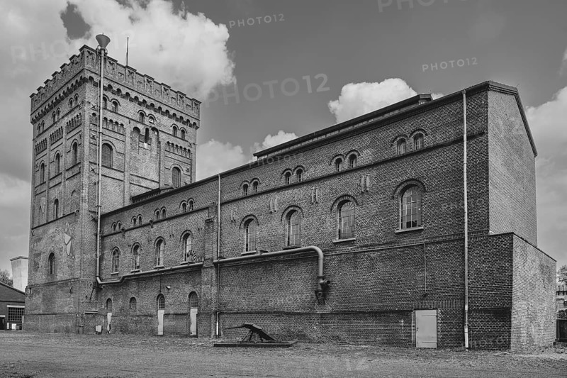 Malakow Tower with engine house, black and white, LWL Museum, former mine, Hanover Colliery, industrial heritage, Bochum, Ruhr area, North Rhine-Westphalia, Germany