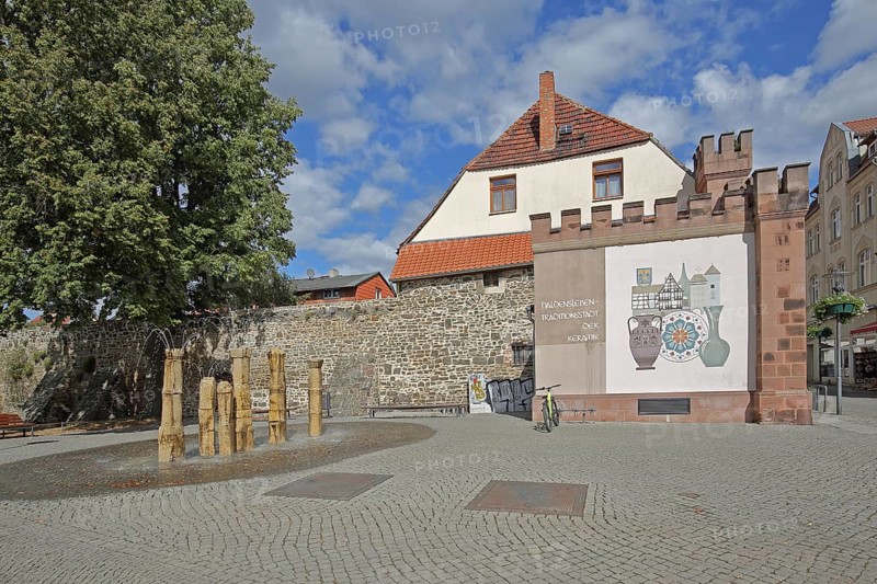 Historic Hague Gate and part of the former town wall, fountain, Haldensleben, Saxony-Anhalt, Germany