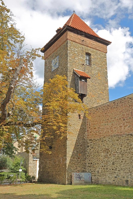Historic Bülstring gate tower and former town fortifications, town wall, town tower, town gate, autumn, Haldensleben, Saxony-Anhalt, Germany