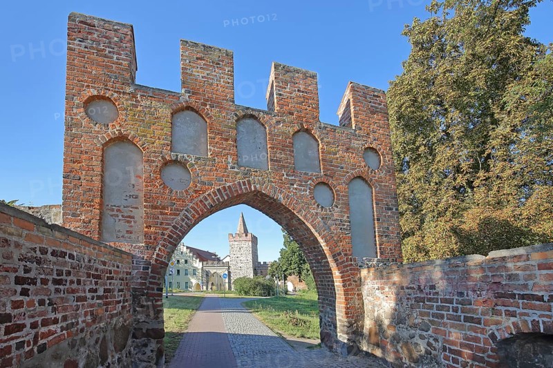 Historic Heath Gate with town wall and building with stepped gable, town fortification, town gate, town tower, view, archway, battlements, Zerbst, Fläming, Saxony-Anhalt, Germany