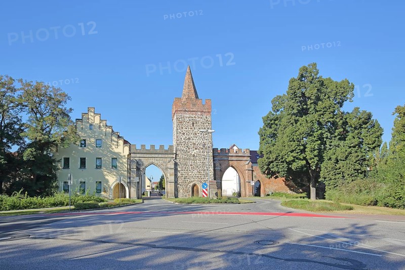 Historic Heath Gate with town wall and building with stepped gable, town fortification, town gate, town tower, Zerbst, Fläming, Saxony-Anhalt, Germany