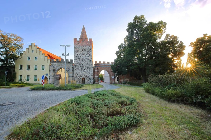 Historic Heath Gate with town wall and building with stepped gable in backlight, town fortification, town gate, town tower, Zerbst, Fläming, Saxony-Anhalt, Germany
