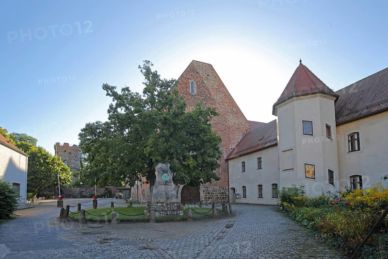 Inner courtyard of the Francisceum built in the 13th century in backlight, former Franciscan monastery, local history museum, Zerbst, Fläming, Saxony-Anhalt, Germany