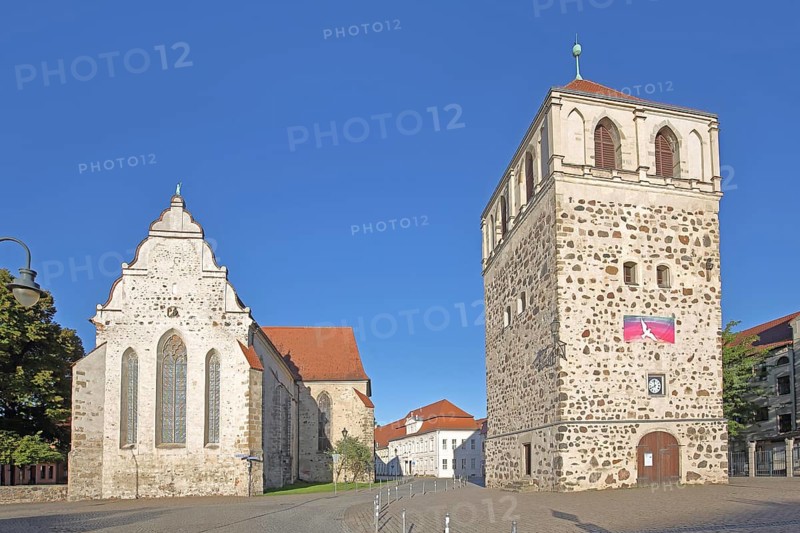 Late Romanesque St Bartholomew's Church and Thick Tower, historic town tower, Zerbst, Fläming, Saxony-Anhalt, Germany