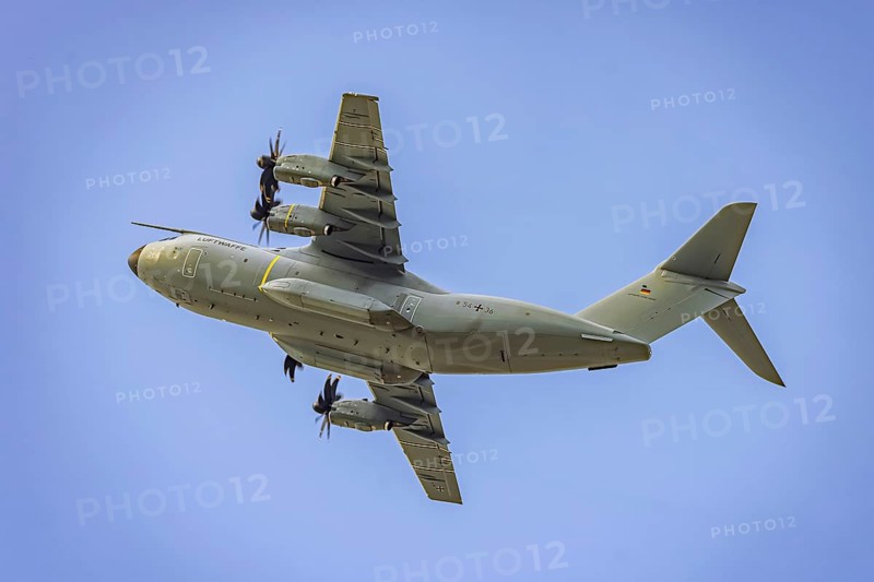 Military aircraft of the German Air Force. Airbus A400M climbing flight after take-off. Stuttgart, Baden-Württemberg, Germany