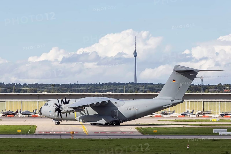 Military aircraft of the German Air Force. Airbus A400M at Stuttgart Airport. Stuttgart, Baden-Württemberg, Germany