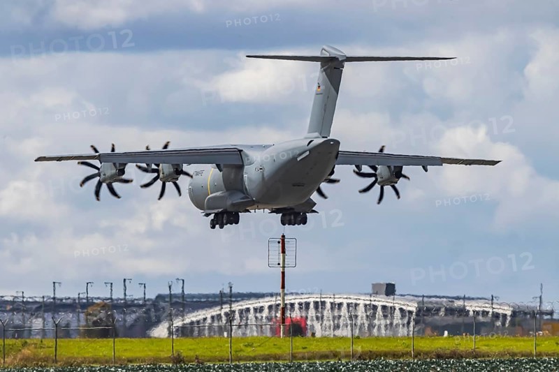 Military aircraft of the German Air Force. Airbus A400M approaching Stuttgart Airport. Stuttgart, Baden-Württemberg, Germany