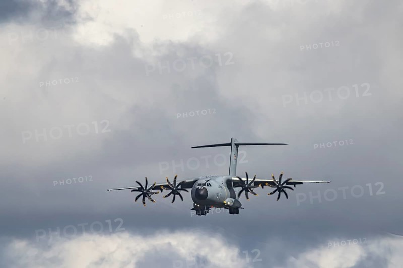 Military aircraft of the German Air Force. Airbus A400M approaching Stuttgart Airport. Stuttgart, Baden-Württemberg, Germany