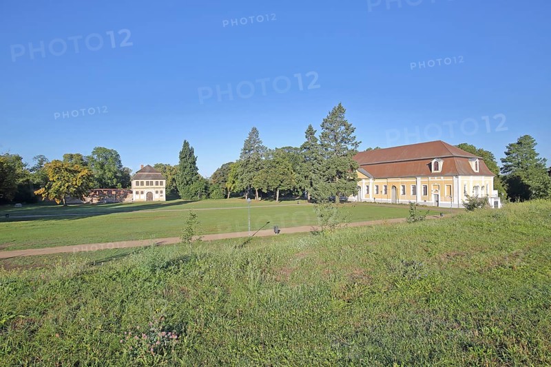 Castle garden with stables and baroque town hall Zerbst, Fläming, Saxony-Anhalt, Germany