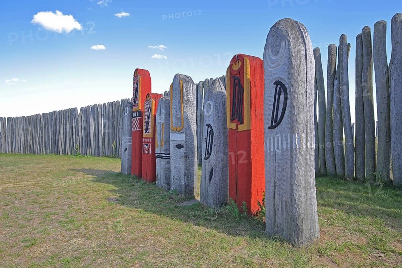 Archaeological reconstructed circular ditch from the Stone Age, Bronze Age, poles with runes, bow and arrow, ring ditches, reconstruction, wooden beams, wooden poles, palisades, symbols, signs, ring sanctuary, Pömmelte, Zackmünde, Barby, Saxony-Anhalt, Germany