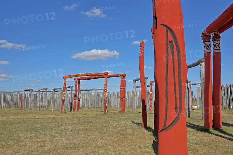 Archaeological reconstructed circular ditch from the Stone Age, Bronze Age, poles with runes, bow and arrow, ring ditches, reconstruction, wooden beams, wooden poles, palisades, symbols, signs, ring sanctuary, Pömmelte, Zackmünde, Barby, Saxony-Anhalt, Germany