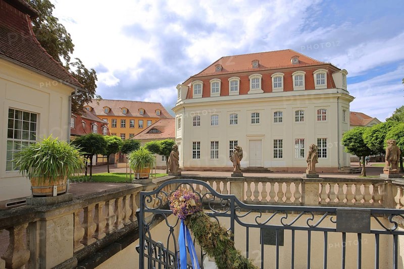 Goethe Theatre and spa complex with fountain, Goethe Park, Bad Lauchstädt, Saxony-Anhalt, Germany