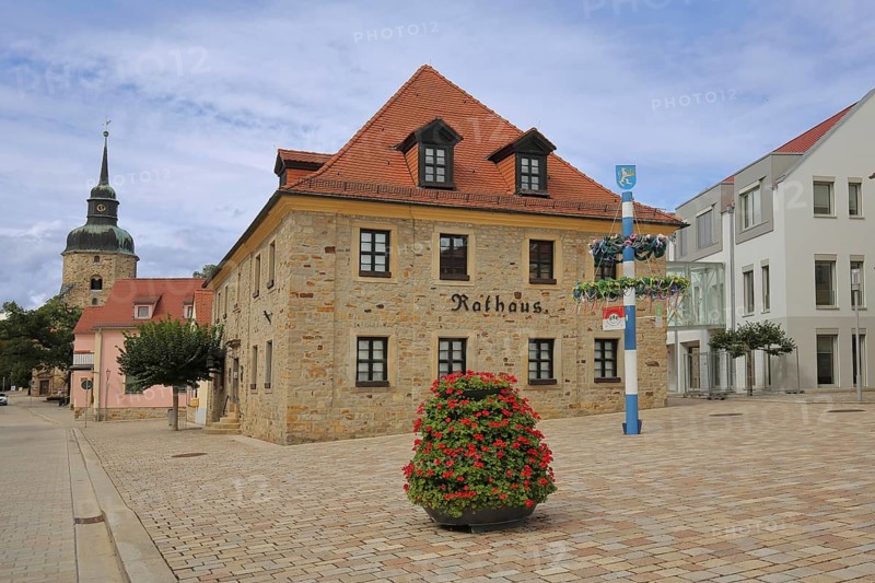 Market square with town hall and church tower of the town church, flower decoration, maypole, market, Bad Lauchstädt, Saxony-Anhalt, Germany