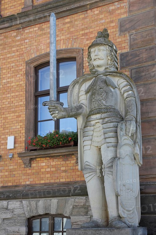 Roland statue with sword, town hall, market square, Calbe, Saxony-Anhalt, Germany