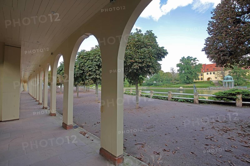 Colonnade in the spa park pond, Goethe Park, castle and pavilion, Bad Lauchstädt, Saxony-Anhalt, Germany