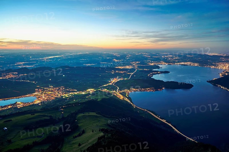 View from Rigi Kulm to the sea of lights with the motorway, Lake Lucerne, Lake Zug, Küssnacht, Immensee, Canton Schwyz, Switzerland
