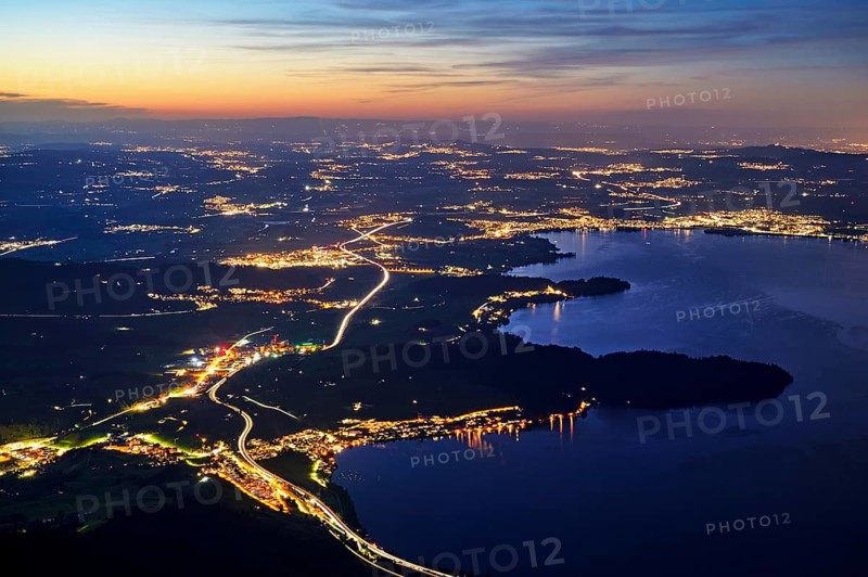 View from Rigi Kulm to the sea of lights with the motorway, Lake Zug, Immensee, Canton Schwyz, Switzerland