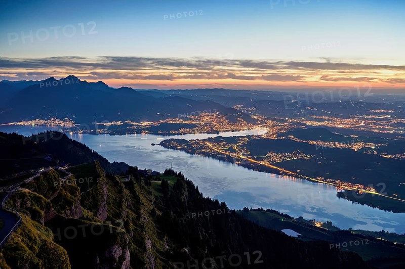 View from Rigi Kulm to the sea of lights, Lake Lucerne, Pilatus and the city, Lucerne, Canton Lucerne, Switzerland