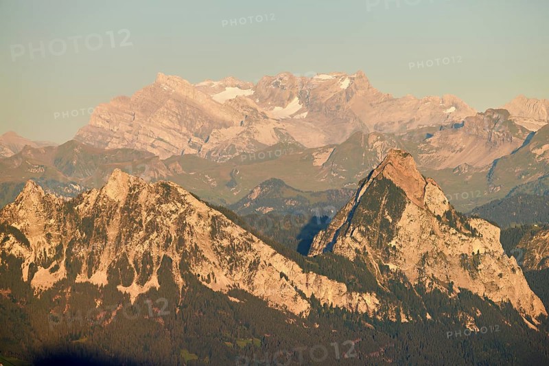 View from Rigi Kulm to the small and large Mythen in the evening light, Canton Schwyz, Switzerland