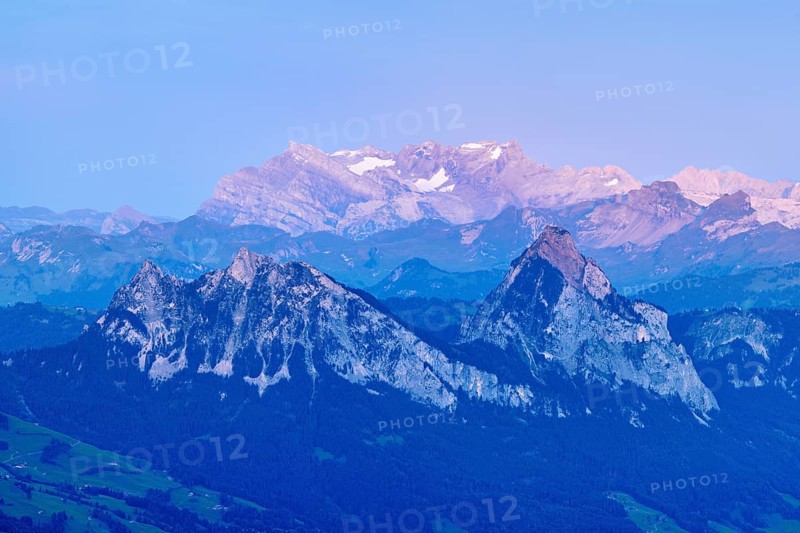 View from Rigi Kulm to the small and large Mythen in the light of dusk, Canton Schwyz, Switzerland
