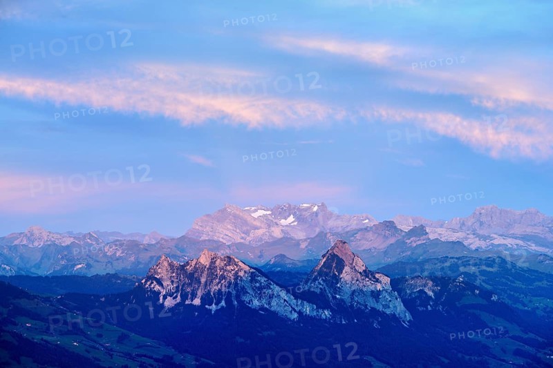 View from Rigi Kulm to the small and large Mythen in the light of dusk, Canton Schwyz, Switzerland