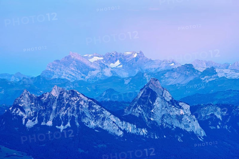 View from Rigi Kulm to the small and large Mythen in the light of dusk, Canton Schwyz, Switzerland