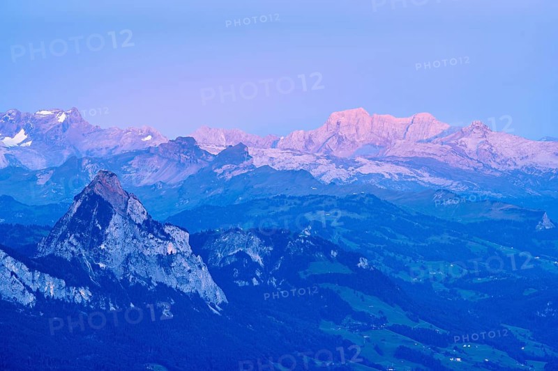 View from Rigi Kulm to the great Mythen in the light of dusk, Canton Schwyz, Switzerland