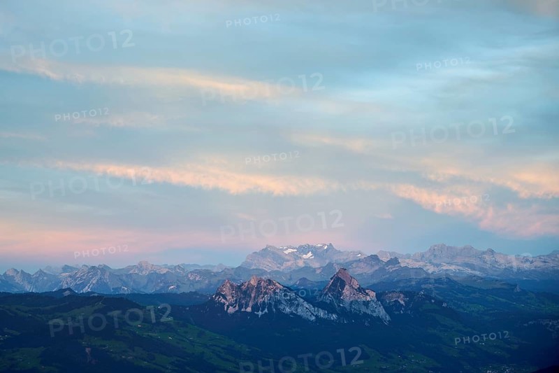 View from Rigi Kulm to the small and large Mythen in the light of dusk, Canton Schwyz Switzerland