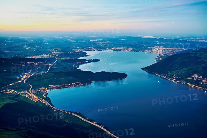 View from Rigi Kulm to the sea of lights with Lake Zug and the Kiemen, Walchwil, Canton Zug, Switzerland