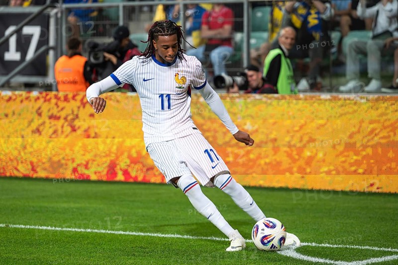WROCLAW, POLAND - SEPTEMBER 5, 2025: Qualifications for FIFA 2026. Football match Ukraine vs France 0:2. Olise Michael kicks corner