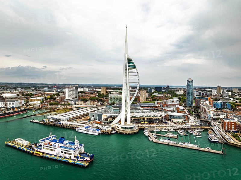 Portsmouth Harbour over Spinnaker Tower from a drone, Portsmouth, Gosport, England, United Kingdom
