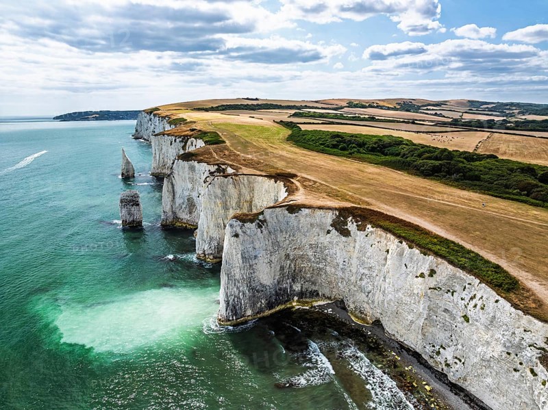 White Cliffs of Old Harry Rocks Jurassic Coast from a drone, Handfast Point, Dorset Coast, Poole, Dorset, England, United Kingdom