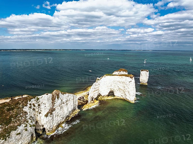White Cliffs of Old Harry Rocks Jurassic Coast from a drone, Handfast Point, Dorset Coast, Poole, Dorset, England, United Kingdom