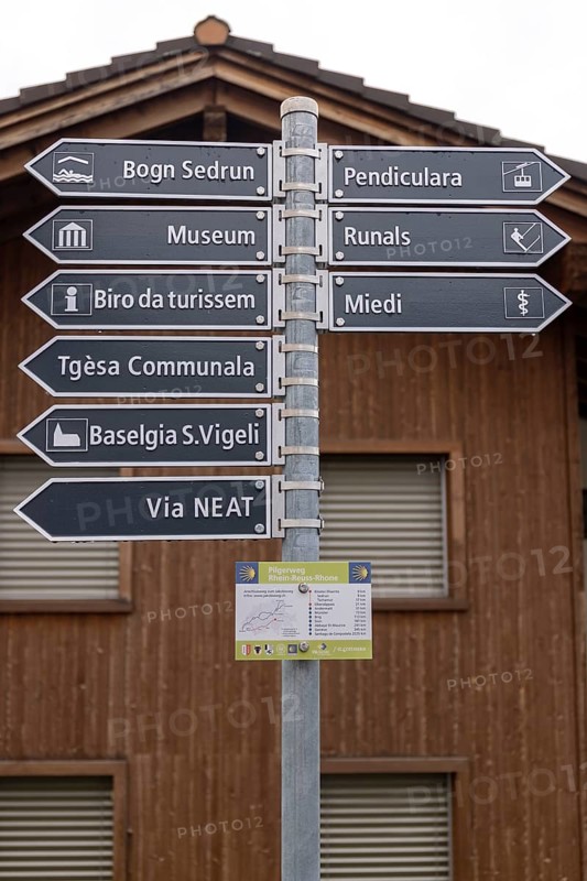 Signposts to places of interest in the village, Sedrun, Surselva, Grisons, Switzerland