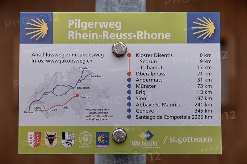 Information board on the Rhine-Reuss-Rhone pilgrimage route, Via Jacobi, Sedrun, Surselva, Graubünden, Switzerland