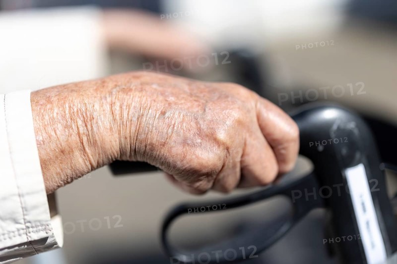 Close-up of wrinkled hands of a 90+ year old senior citizen in a retirement home, Cologne, North Rhine-Westphalia, Germany