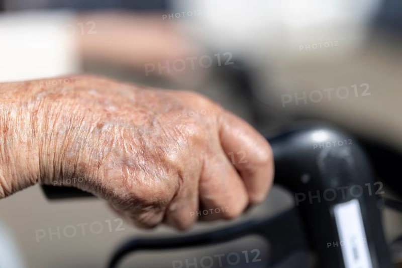 Close-up of wrinkled hands of a 90+ year old senior citizen in a retirement home, Cologne, North Rhine-Westphalia, Germany