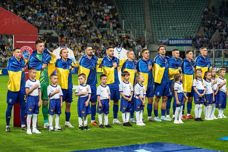 WROCLAW, POLAND - SEPTEMBER 5, 2025: Football match Ukraine vs France 0:2. Team of Ukraine during the anthem