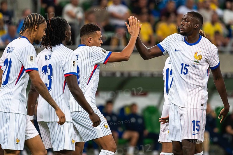 WROCLAW, POLAND - SEPTEMBER 5, 2025: Qualifications for FIFA 2026. Football match Ukraine vs France 0:2. Joy Mbappe Kylian (L) Konate Ibrahima (R) after scoring goal