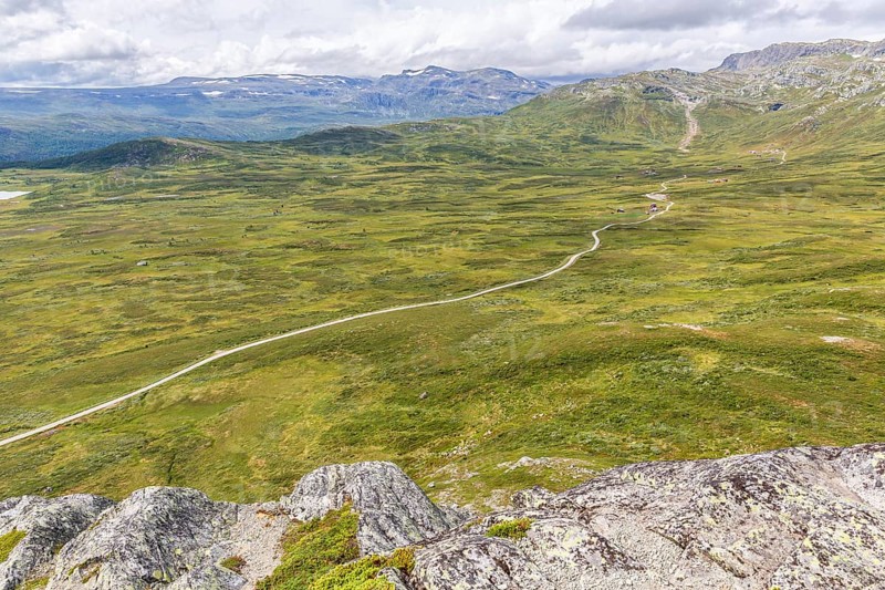 Gravel road through Jotunheimen National Park, view from Smørkollen mountain, Beitostølen, Innlandet, Norway
