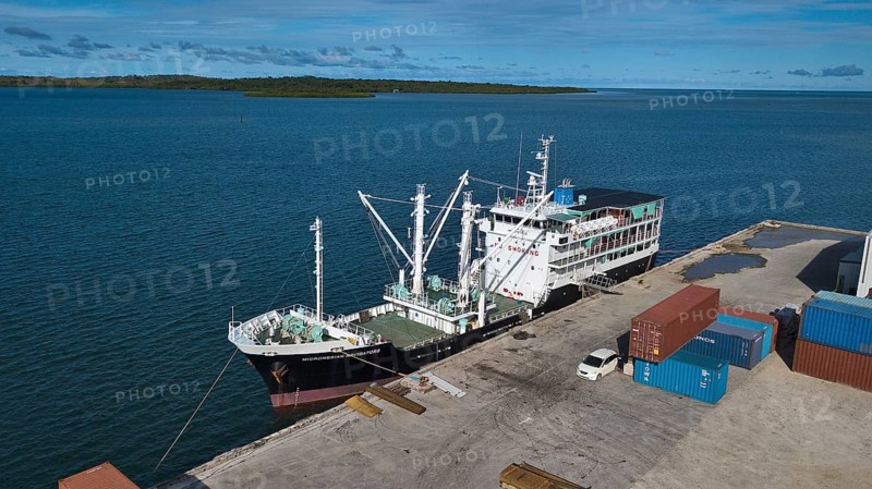 Ferry and supply vessel freighter Micronesian Navigators moored in the harbour of Colonia capital of Yap Island, Pacific Ocean, Yap Island, Yap State, Caroline Islands, FSM, Federated States of Micronesia, Australia, Oceania
