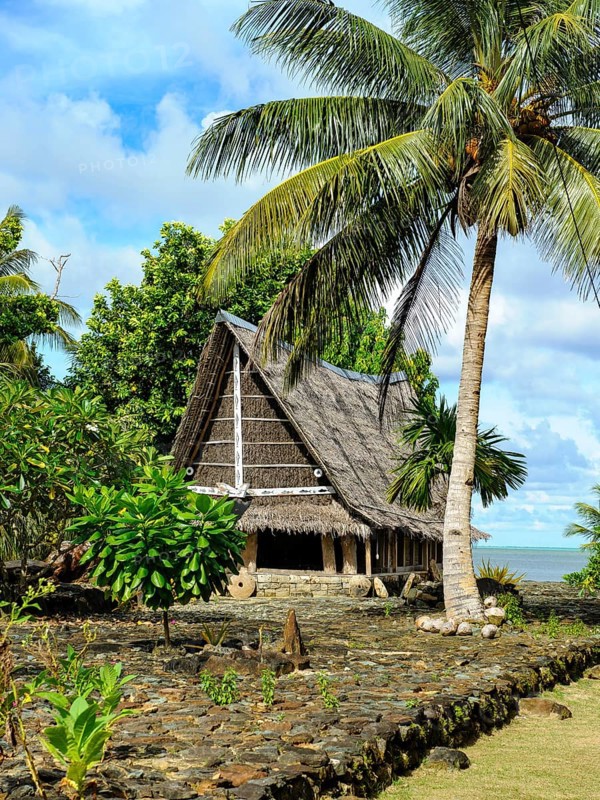 Traditional historical meeting house for men Tribal Chief Men Men's House between palm trees, in the background Pacific Ocean, Yap Island, Yap State, Caroline Islands, FSM, Federated States of Micronesia, Australia, Oceania