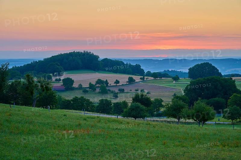Landscape at sunrise with fields and trees at sunset, Laudenau, Reichelsheim, Odenwald, Hesse, Germany