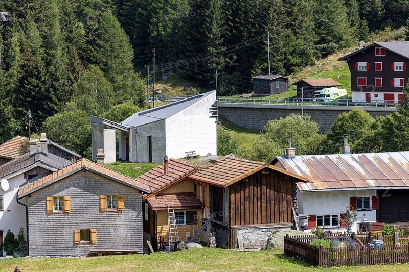 Hamlet with chapel of St James the Elder, Acla, Curaglia, Val Medel, Graubünden, Switzerland