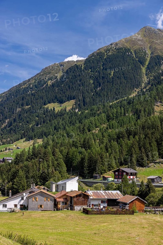 Hamlet with chapel of St James the Elder, Acla, Curaglia, Val Medel, Graubünden, Switzerland