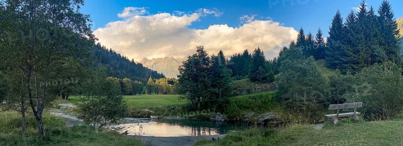 Bench and stream loop, Brenno high valley near Campra, Lukmanier Pass, Blenio, Ticino, Switzerland
