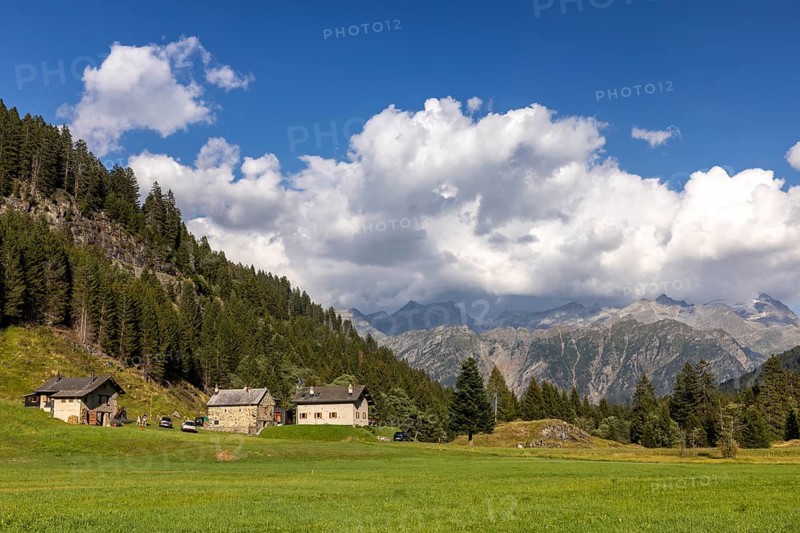 Mountain huts in high valley, Campra, Lukmanier Pass, Blenio, Ticino, Switzerland